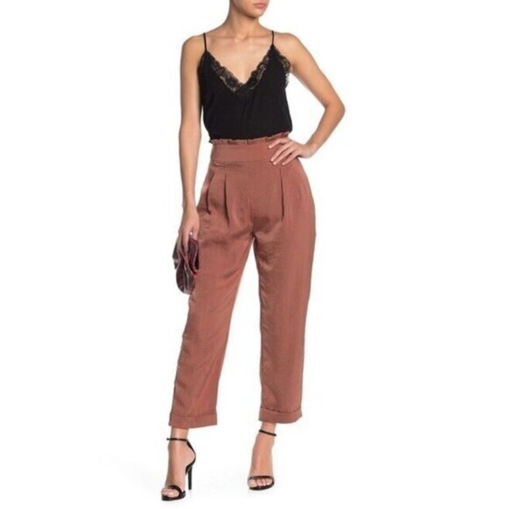 Line & Dot Ali Brown Satin High Waist Crop Trouser Pants paper Bag SZ L New